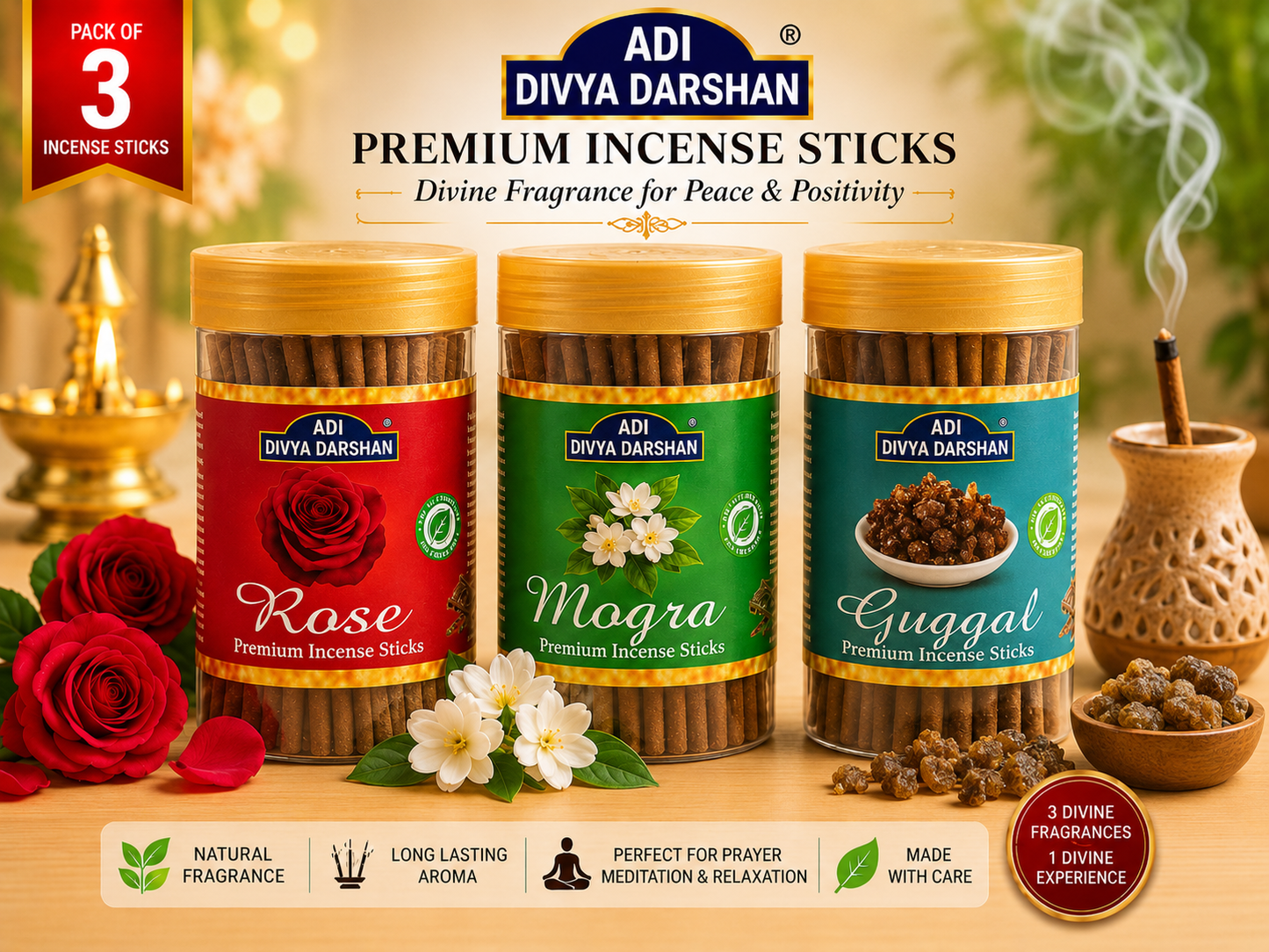 ADI DIVYA DARSHAN Premium Dhoop Sticks Combo Pack of 3 | Rose, Mogra & Guggal | Long Lasting Divine Fragrance