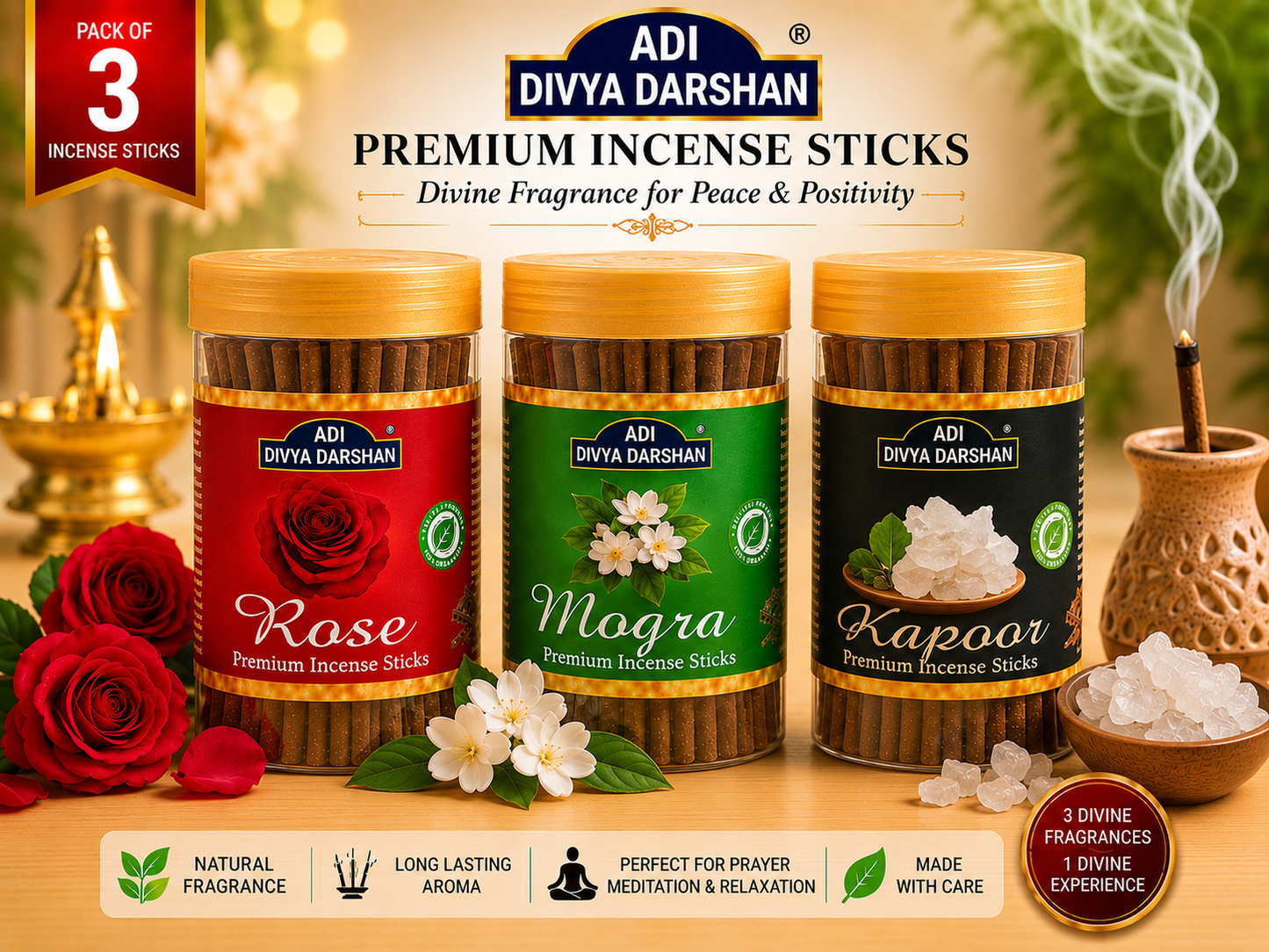 ADI DIVYA DARSHAN Premium Dhoop Sticks Combo Pack of 3 | Rose, Mogra & Kapoor | Long Lasting Divine Fragrance