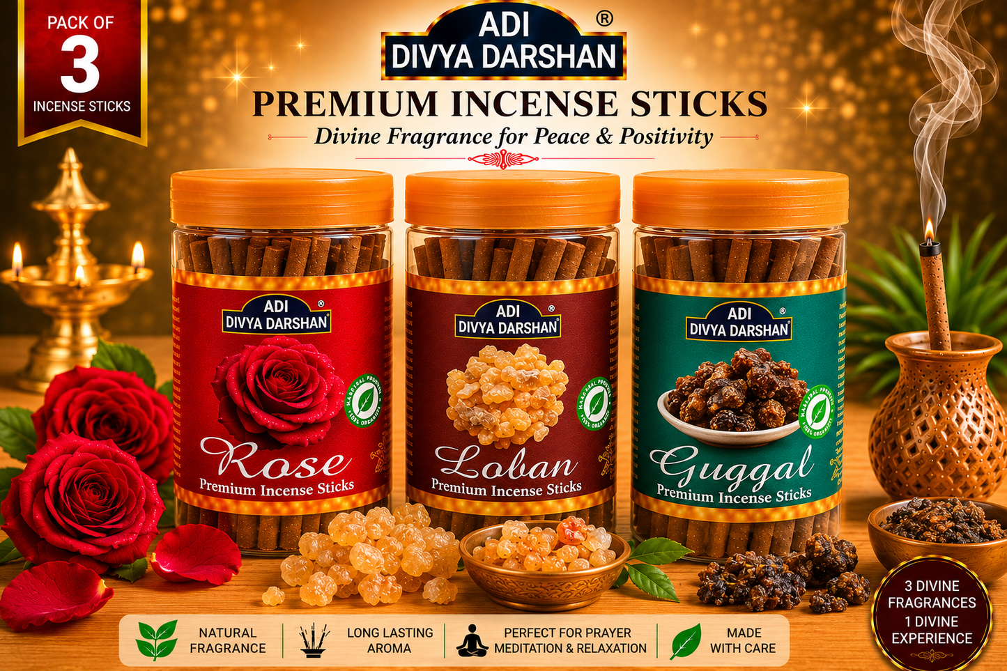ADI DIVYA DARSHAN Premium Dhoop Sticks Combo Pack of 3 | Rose, Loban & Guggal | Long Lasting Divine Fragrance