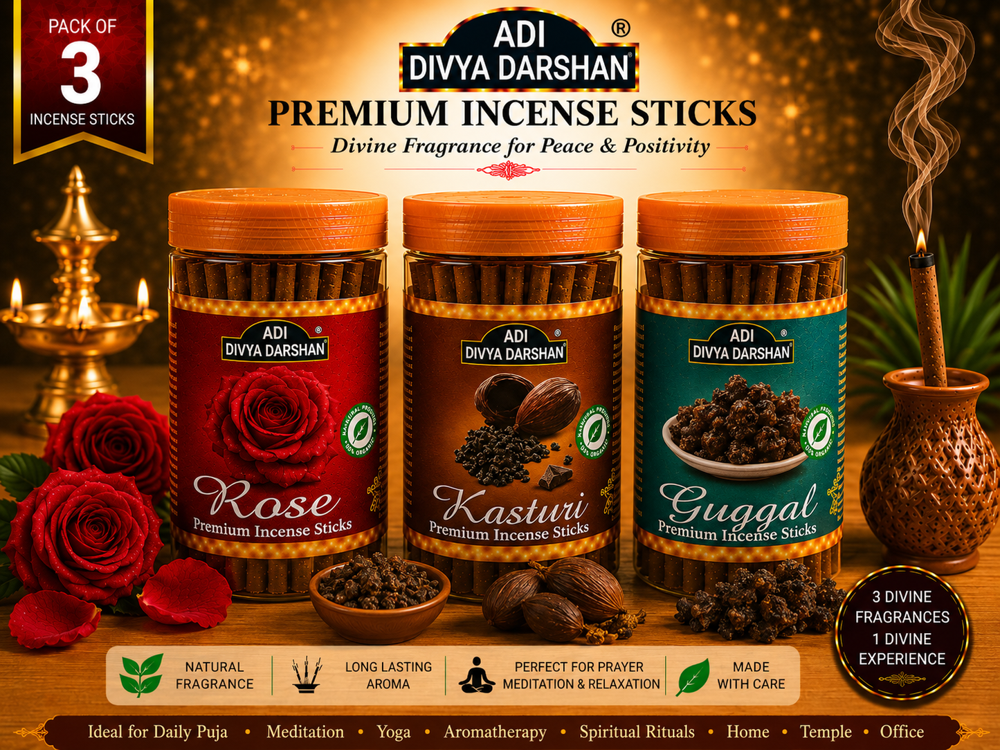 ADI DIVYA DARSHAN Premium Dhoop Sticks Combo Pack of 3 | Rose, Kasturi & Guggal | Long Lasting Divine Fragrance