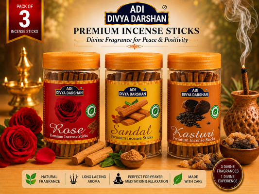 ADI DIVYA DARSHAN Premium Dhoop Sticks Combo Pack of 3 | Rose, Sandal & Kasturi | Long Lasting Divine Fragrance