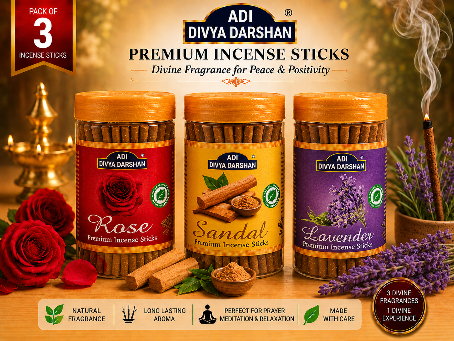 ADI DIVYA DARSHAN Premium Dhoop Sticks Combo Pack of 3 | Rose, Sandal & Lavender | Long Lasting Divine Fragrance