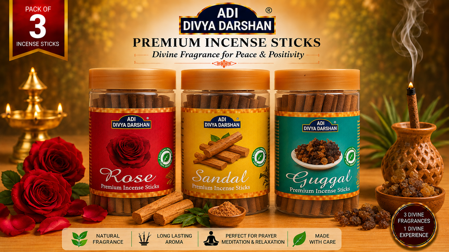 ADI DIVYA DARSHAN Premium Dhoop Sticks Combo Pack of 3 | Rose, Sandal & Guggal | Long Lasting Divine Fragrance