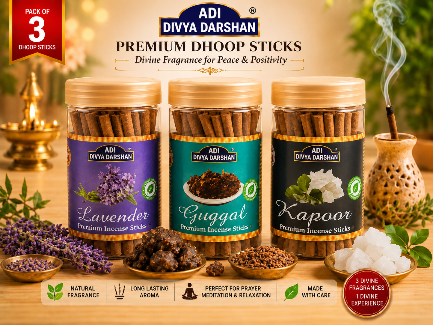 ADI DIVYA DARSHAN Premium Dhoop Sticks Combo Pack of 3 | Lavender , Guggal & Kapoor | Long Lasting Divine Fragrance