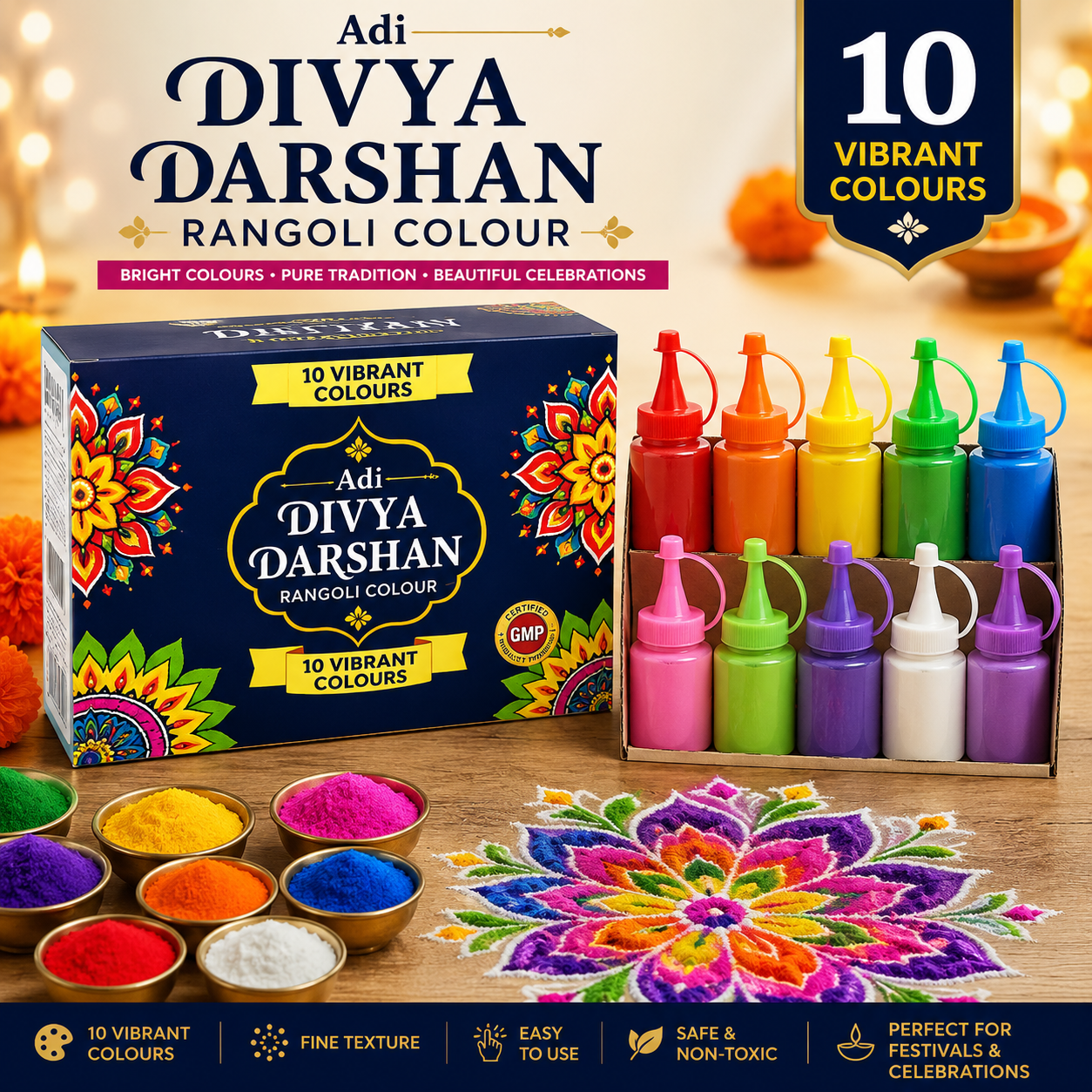 ADI DIVYA DARSHAN Premium Rangoli Colours – 10 Vibrant Colours for Diwali, Pooja & Festival Decoration