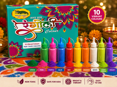Magar Chaap Premium Rangoli Colours Kit | 10 Vibrant Colours | Easy Flow Bottles | Festival & Diwali Decoration