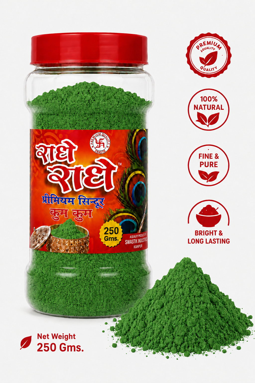 Radhe Radhe Premium Green Kumkum Sindoor Powder – Fine & Pure Pooja Kumkum | Bright Long-Lasting Tilak | 250g