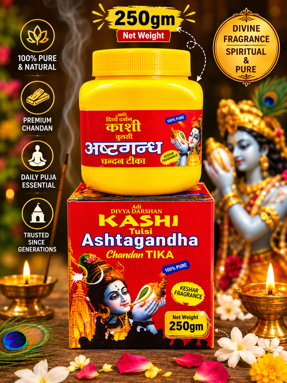 Adi Divya Darshan Kashi Tulsi Ashtagandha Chandan Tika 250g with pooja background