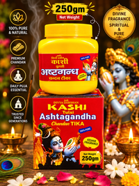 Adi Divya Darshan Kashi Tulsi Ashtagandha Chandan Tika 250g with pooja background