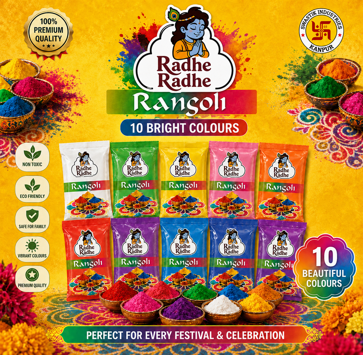 Radhe Radhe Premium Rangoli Colours 100 gm Pouch | 10 Bright Non-Toxic Decorative Colours for Diwali, Pooja & Festivals