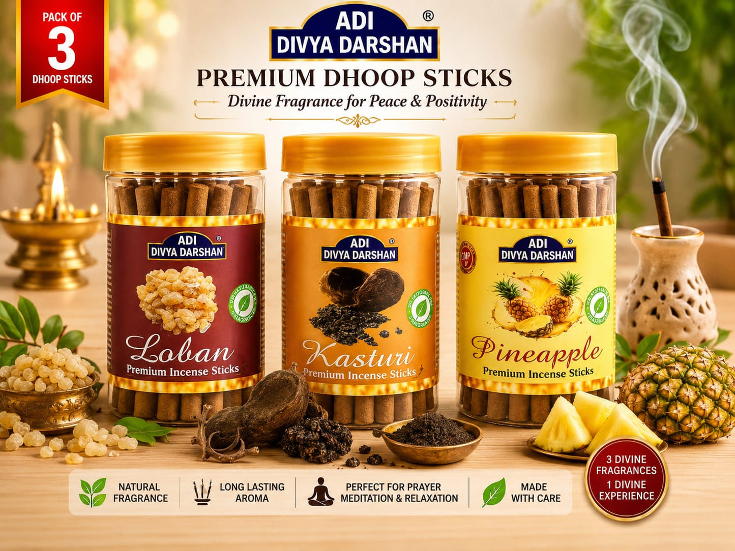 ADI DIVYA DARSHAN Premium Dhoop Sticks Combo Pack of 3 | Loban , Kastui & Pineapple | Long Lasting Divine Fragrance