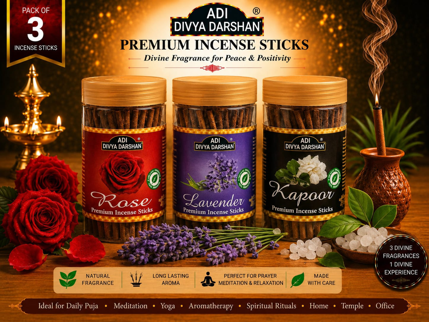 ADI DIVYA DARSHAN Premium Dhoop Sticks Combo Pack of 3 | Rose, Lavender & Kapoor | Long Lasting Divine Fragrance