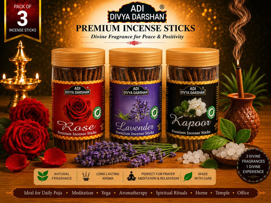 ADI DIVYA DARSHAN Premium Dhoop Sticks Combo Pack of 3 | Rose, Lavender & Kapoor | Long Lasting Divine Fragrance