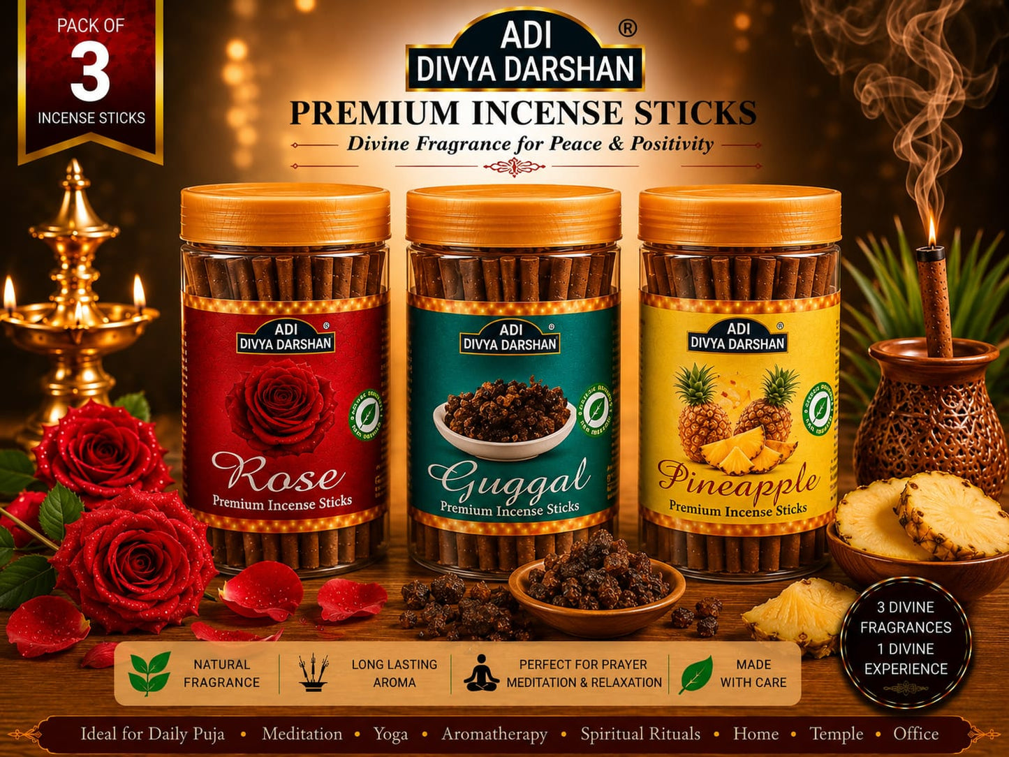 ADI DIVYA DARSHAN Premium Dhoop Sticks Combo Pack of 3 | Rose, Guggal & Pineapple | Long Lasting Divine Fragrance