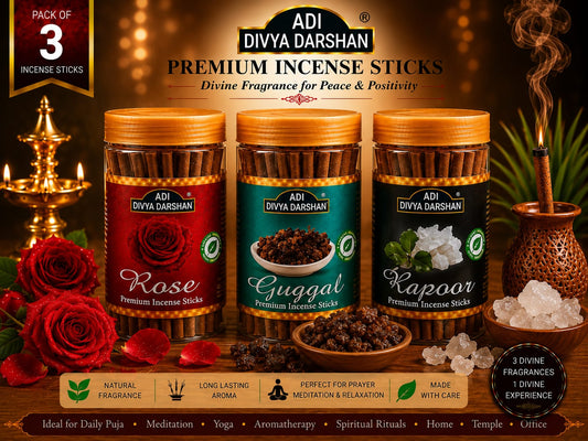ADI DIVYA DARSHAN Premium Dhoop Sticks Combo Pack of 3 | Rose, Guggal & Kapoor | Long Lasting Divine Fragrance