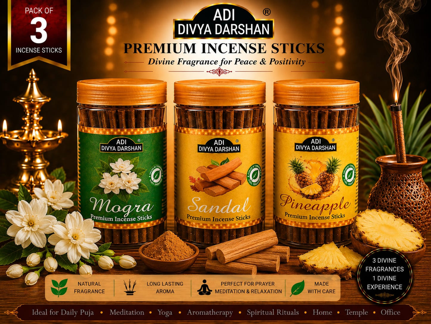 ADI DIVYA DARSHAN Premium Dhoop Sticks Combo Pack of 3 | Mogra, Sandal & Pineapple | Long Lasting Divine Fragrance