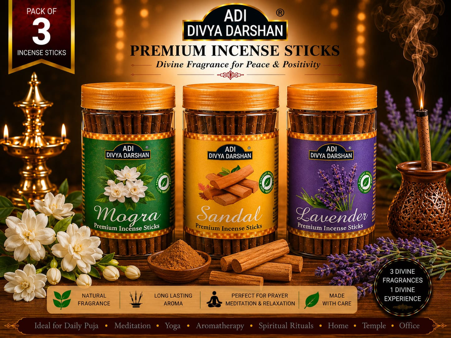 ADI DIVYA DARSHAN Premium Dhoop Sticks Combo Pack of 3 | Mogra, Sandal & Lavender | Long Lasting Divine Fragrance