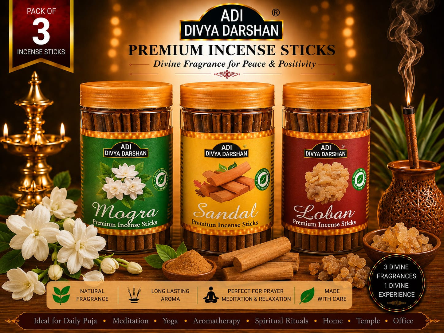 ADI DIVYA DARSHAN Premium Dhoop Sticks Combo Pack of 3 | Mogra, Sandal & Loban | Long Lasting Divine Fragrance