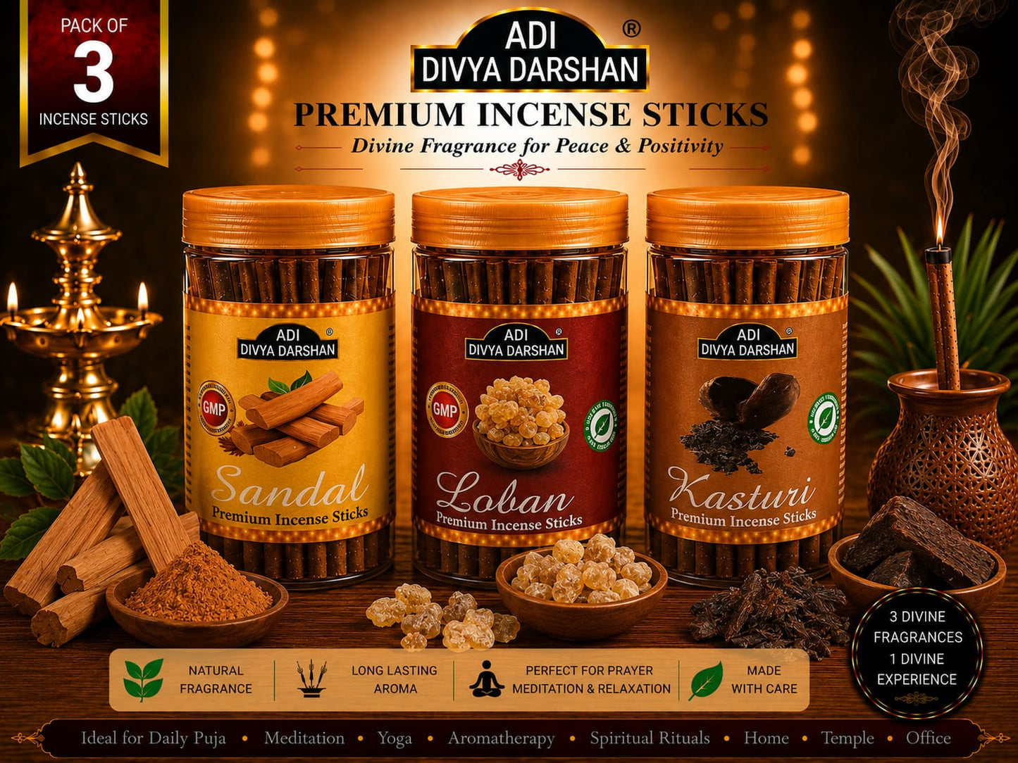 ADI DIVYA DARSHAN Premium Dhoop Sticks Combo Pack of 3 | Sandal , Loban & Kasturi | Long Lasting Divine Fragrance