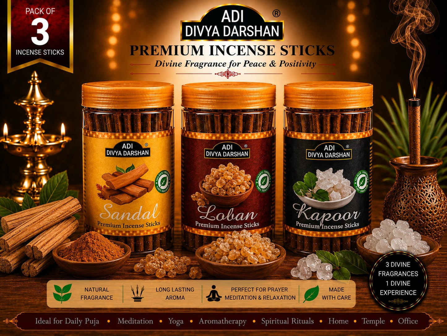 ADI DIVYA DARSHAN Premium Dhoop Sticks Combo Pack of 3 | Sandal , Loban & Kapoor | Long Lasting Divine Fragrance