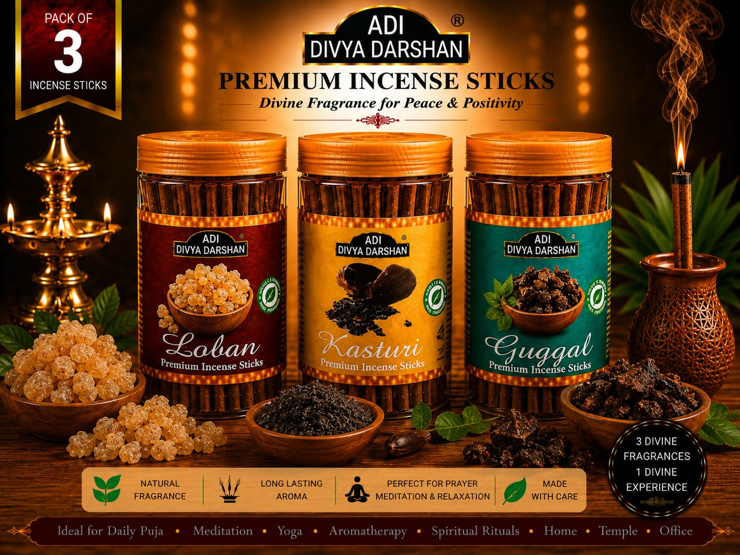 ADI DIVYA DARSHAN Premium Dhoop Sticks Combo Pack of 3 | Loban , Kastui & Guggal | Long Lasting Divine Fragrance