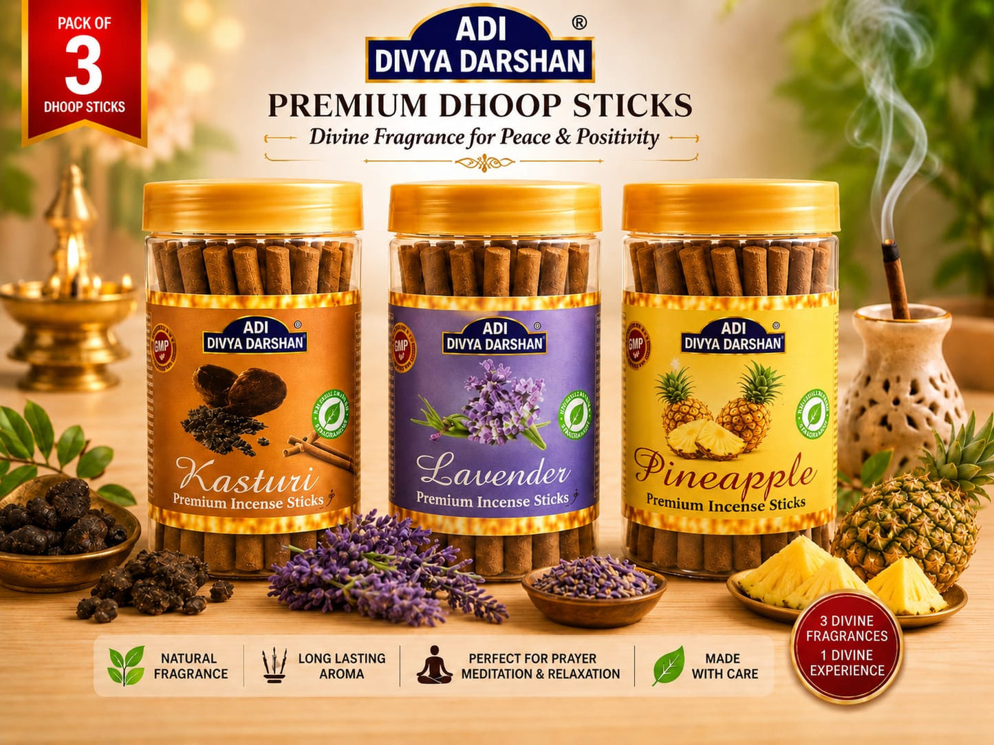 ADI DIVYA DARSHAN Premium Dhoop Sticks Combo Pack of 3 | Kasturi , Lavender & Pineapple | Long Lasting Divine Fragrance
