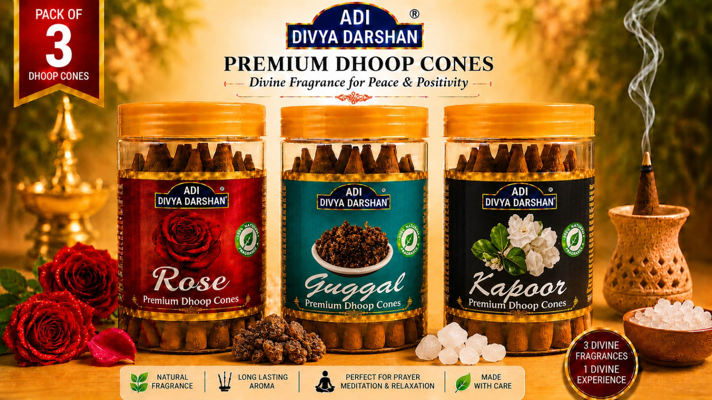 ADI DIVYA DARSHAN Premium Dhoop Cones Combo Pack – Rose, Guggal & Kapoor Fragrance | Long Lasting Aroma | Natural Incense Cones for Pooja, Meditation & Home