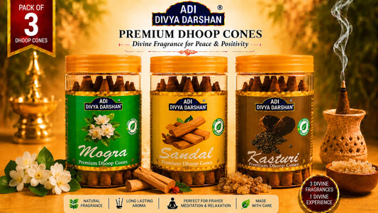 ADI DIVYA DARSHAN Premium Dhoop Cones Combo Pack – Mogra, Sandal & Kasturi Fragrance | Long Lasting Aroma | Natural Incense Cones for Pooja, Meditation & Home