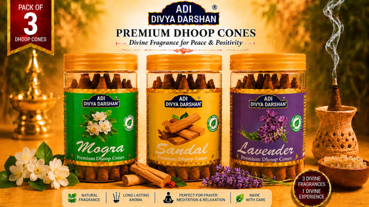 ADI DIVYA DARSHAN Premium Dhoop Cones Combo Pack – Mogra, Sandal & Lavender Fragrance | Long Lasting Aroma | Natural Incense Cones for Pooja, Meditation & Home