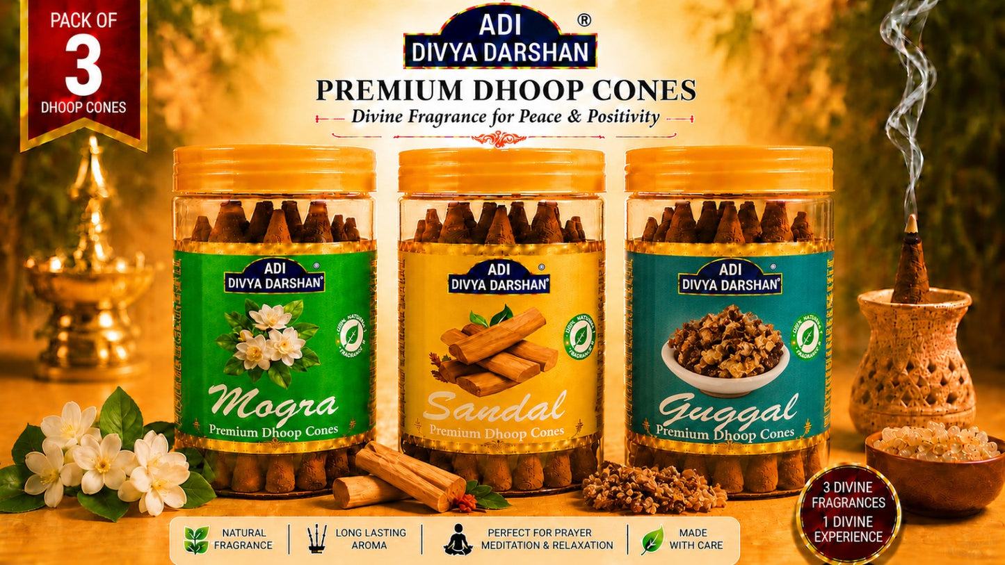 ADI DIVYA DARSHAN Premium Dhoop Cones Combo Pack – Mogra, Sandal & Guggal Fragrance | Long Lasting Aroma | Natural Incense Cones for Pooja, Meditation & Home