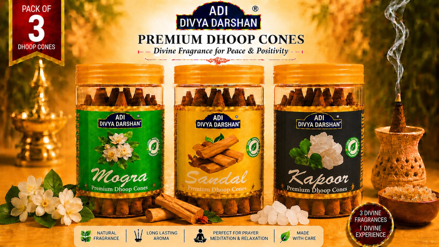 ADI DIVYA DARSHAN Premium Dhoop Cones Combo Pack – Mogra, Sandal & Kapoor Fragrance | Long Lasting Aroma | Natural Incense Cones for Pooja, Meditation & Home