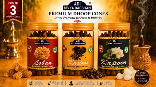 ADI DIVYA DARSHAN Premium Dhoop Cones Combo Pack – Loban , Kasturi & Kapoor Fragrance | Long Lasting Aroma | Natural Incense Cones for Pooja, Meditation & Home