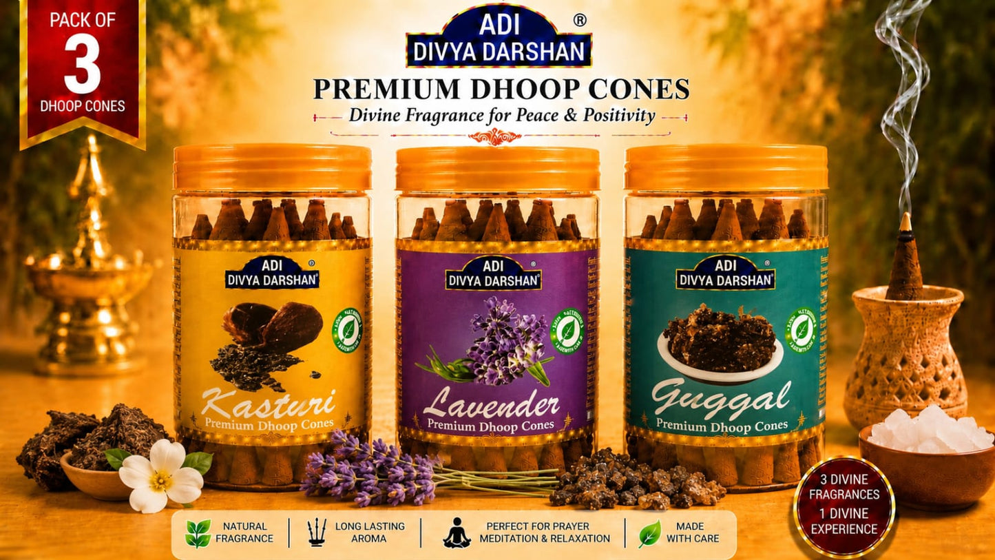 ADI DIVYA DARSHAN Premium Dhoop Cones Combo Pack – Kasturi , Lavender & Guggal Fragrance | Long Lasting Aroma | Natural Incense Cones for Pooja, Meditation & Home