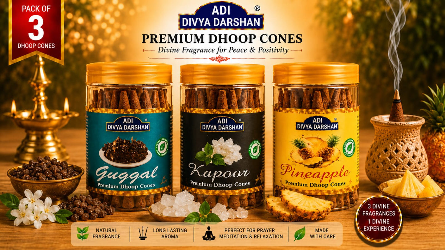 ADI DIVYA DARSHAN Premium Dhoop Cones Combo Pack – Guggal , Kapoor & Pineapple Fragrance | Long Lasting Aroma | Natural Incense Cones for Pooja, Meditation & Home