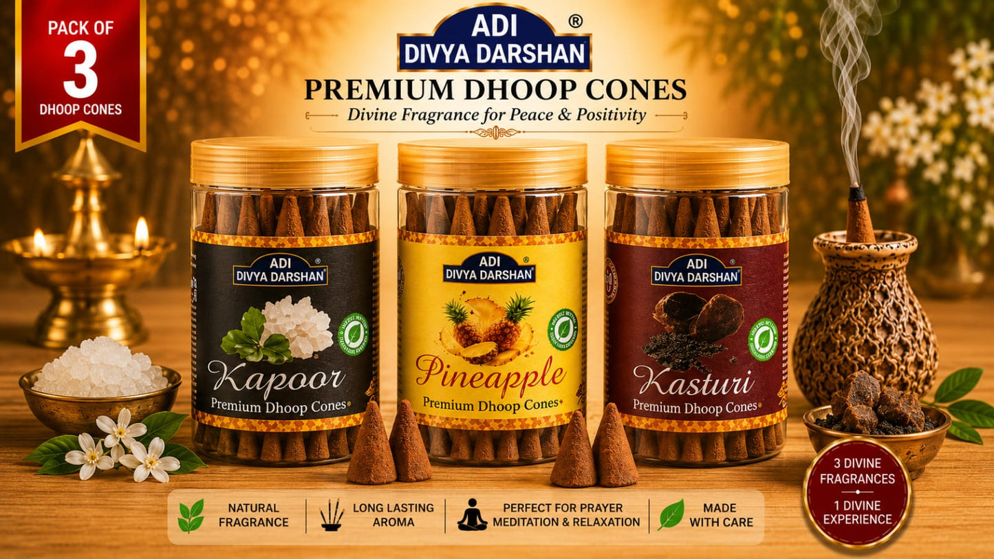 ADI DIVYA DARSHAN Premium Dhoop Cones Combo Pack – Kapoor , Pineapple & Kasturi Fragrance | Long Lasting Aroma | Natural Incense Cones for Pooja, Meditation & Home