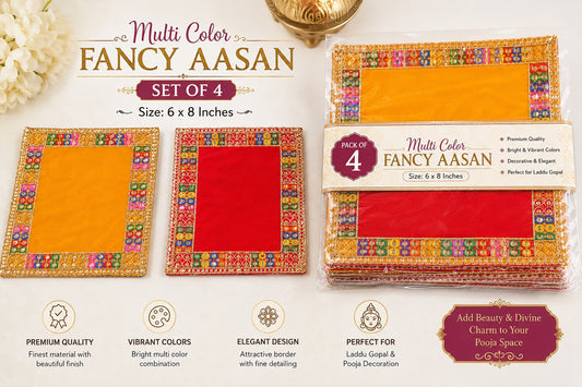 Fancy Multicolor Aasan Set of 4 (6x8 Inch) for Laddu Gopal, Puja Chowki & Home Temple Decor
