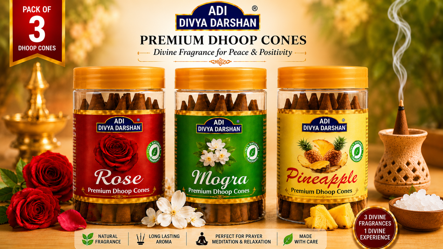 ADI DIVYA DARSHAN Premium Dhoop Cones Combo Pack – Rose, Mogra & Pineapple Fragrance | Long Lasting Aroma | Natural Incense Cones for Pooja, Meditation & Home