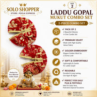 Laddu Gopal Mukut Combo Set Size 2 - Pack of 2 Red Premium Velvet Mukuts with Golden Embroidery
