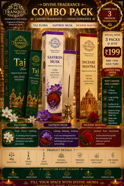 Adi Tranquil Divine Fragrance Combo Pack – Taj Flora, Saffron Musk & Incense Mantra (3 Premium Incense Sticks)