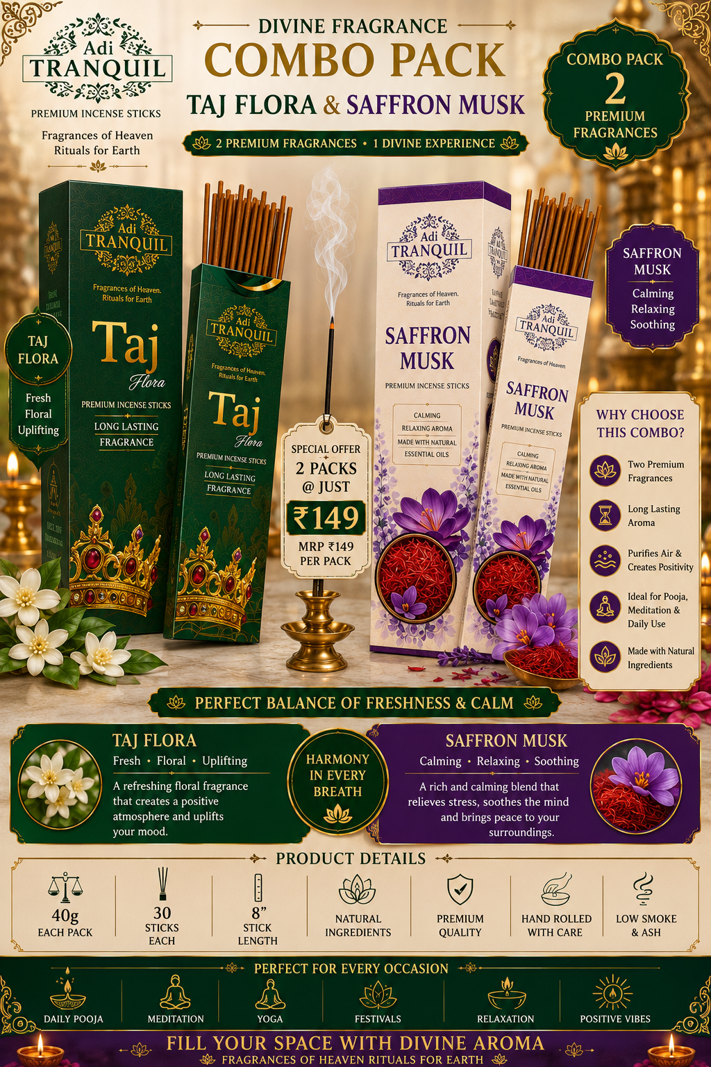 Adi Tranquil Divine Fragrance Combo Pack – Taj Flora & Saffron Musk