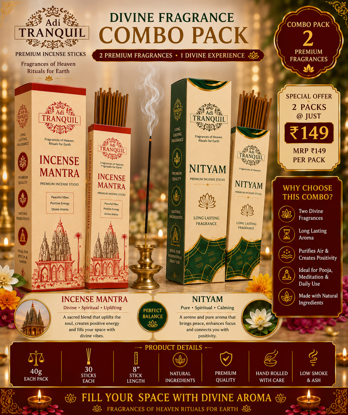 Adi Tranquil Divine Fragrance Combo Pack – Incense Mantra & Nityam