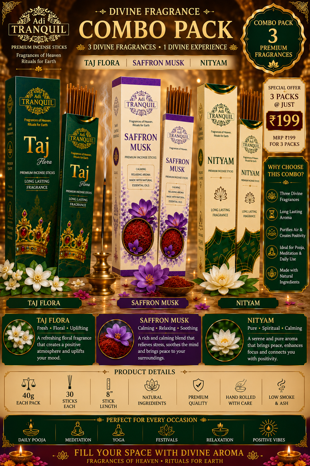 Adi Tranquil Divine Fragrance Combo Pack – Taj Flora, Saffron Musk & Nityam (3 Premium Incense Sticks)