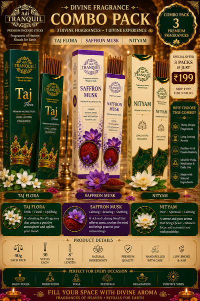 Adi Tranquil Divine Fragrance Combo Pack – Taj Flora, Saffron Musk & Nityam (3 Premium Incense Sticks)