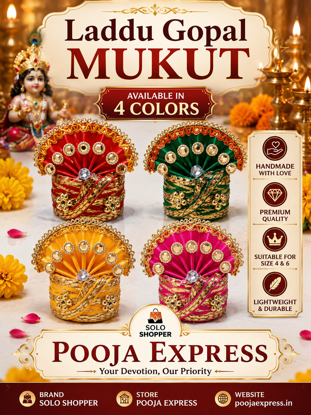 Laddu Gopal Mukut - Size 6 (Set of 4 Colors)