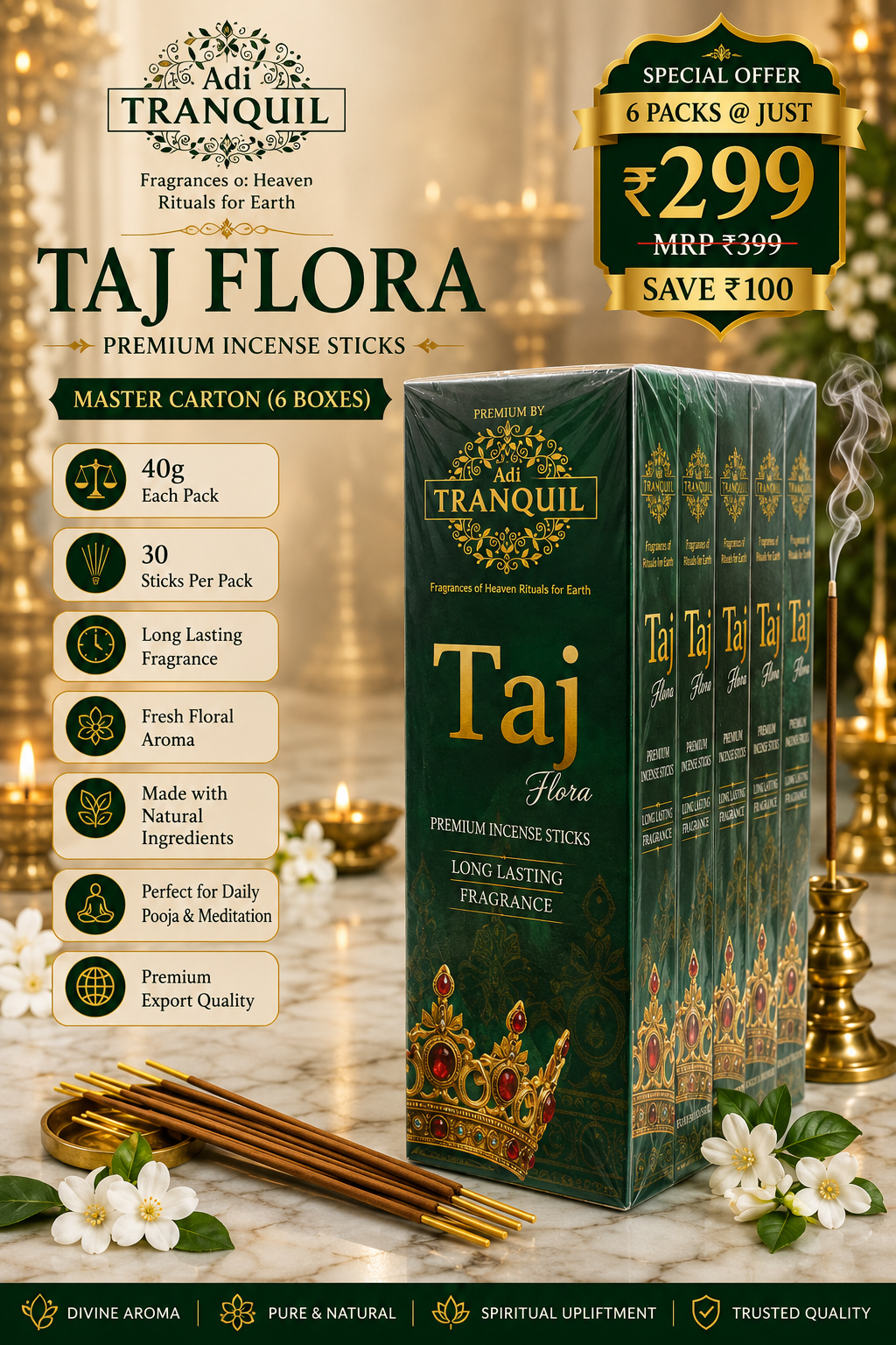 Adi Tranquil Taj Flora Premium Incense Sticks – Master Carton (6 Boxes)