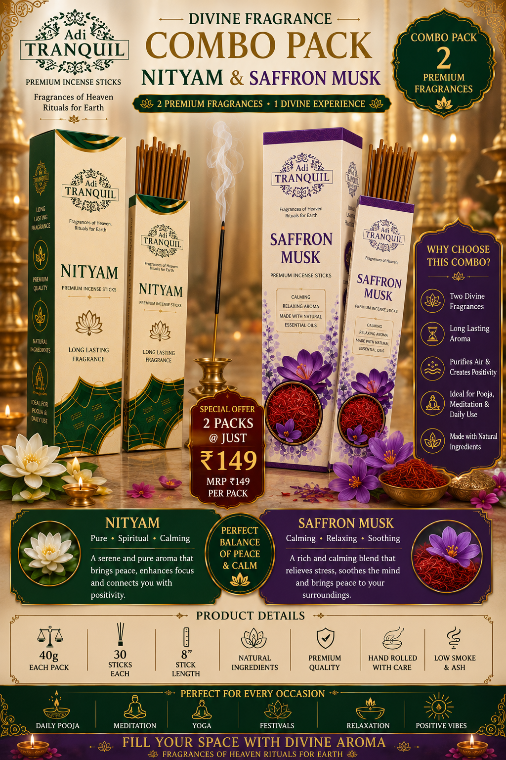 Adi Tranquil Divine Fragrance Combo Pack – Nityam & Saffron Musk