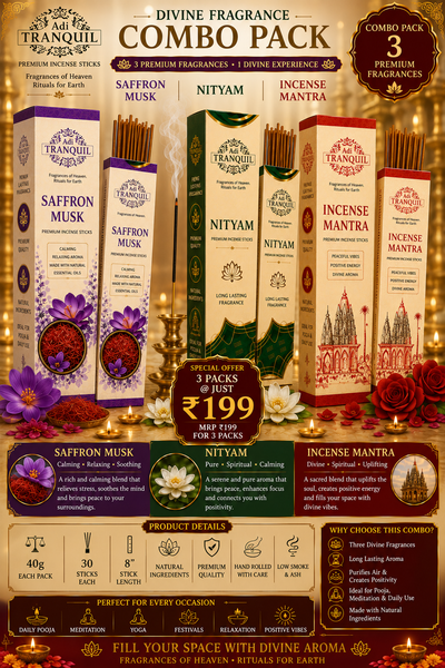 Adi Tranquil Divine Fragrance Combo Pack – 3 Premium Incense Sticks (Saffron Musk, Nityam, Incense Mantra)