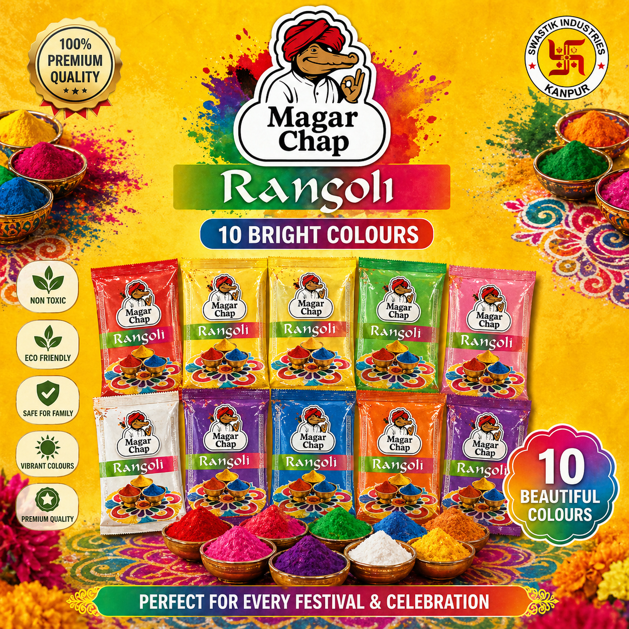 Magar Chap Premium Rangoli Colours 50 gm Pouch – 10 Vibrant Colours | Non-Toxic Decorative Rangoli Powder