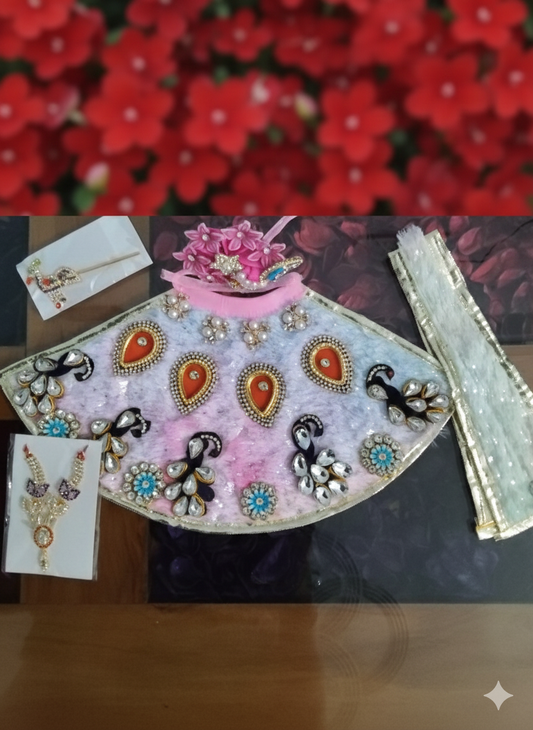 Laddu Gopal dress set with kundan poshak, pagdi, dupatta and jewellery